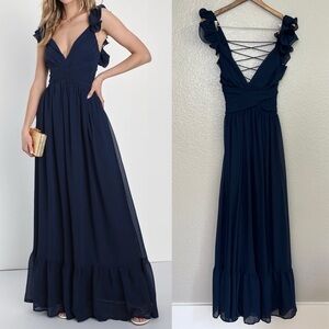 Soiree Celebration Navy Blue Ruffled Lace-Up Maxi Dress